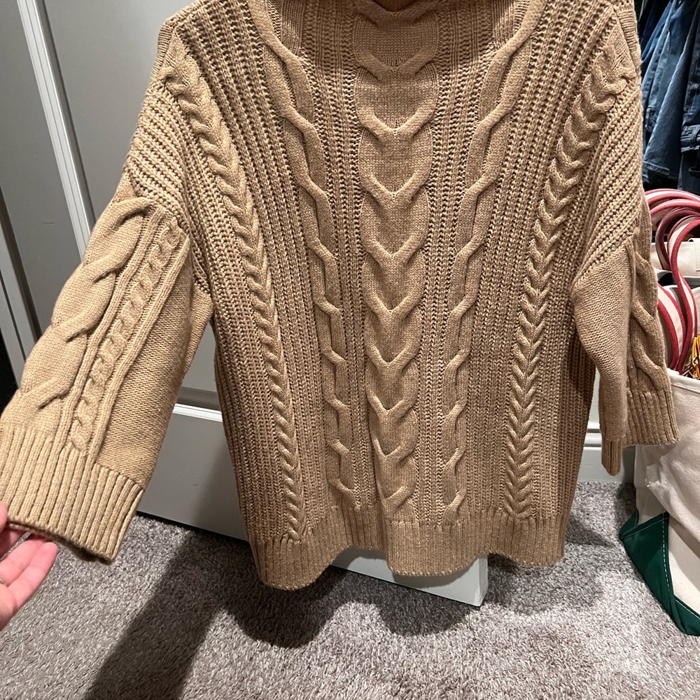 Tan Cable Knit Mock Turtleneck Sweater